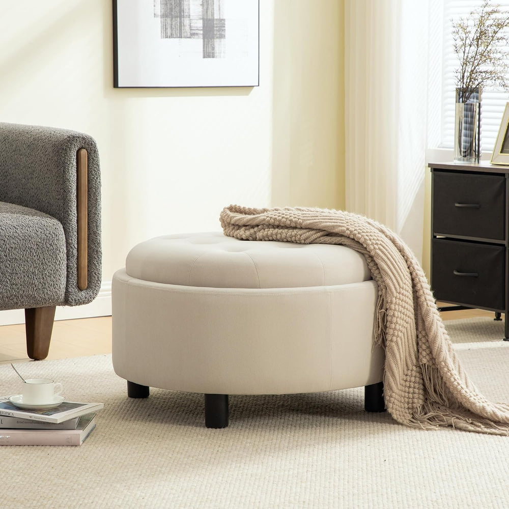 Round Storage Ottoman 29.33" with Reversible Lid - Fleece Fabric Upholst...