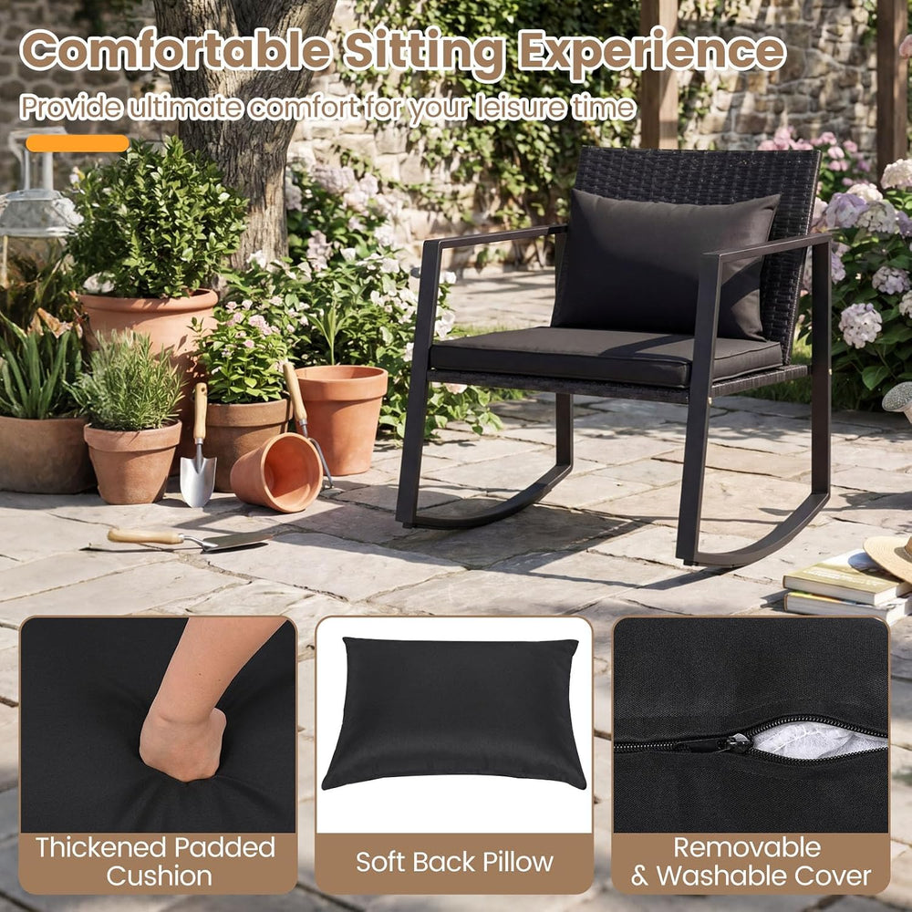 Tangkula 3 Pieces Outdoor Rocking Chairs Set, Rattan Heavy Duty Cushioned Roc...