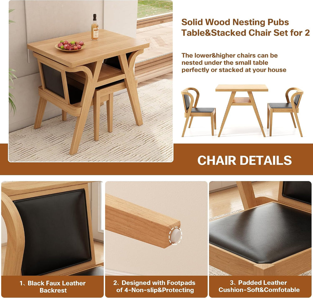 PADMA HOUSE Bistro Stacking Table Chair Set of 3, Wood Leather Dining Set | B...