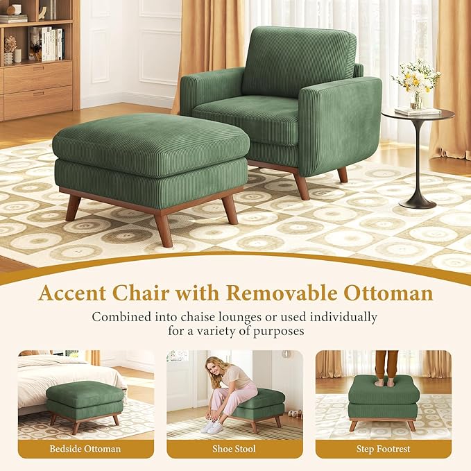 Vesgantti 38.5" Accent Chair with Movable Ottoman, Comfy Corduroy Armcha...