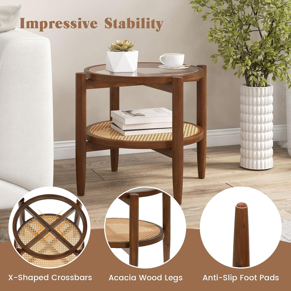 GIANTEX Rattan Round End Table Set of 2, Walnut Boho Nightstand with Tempered...