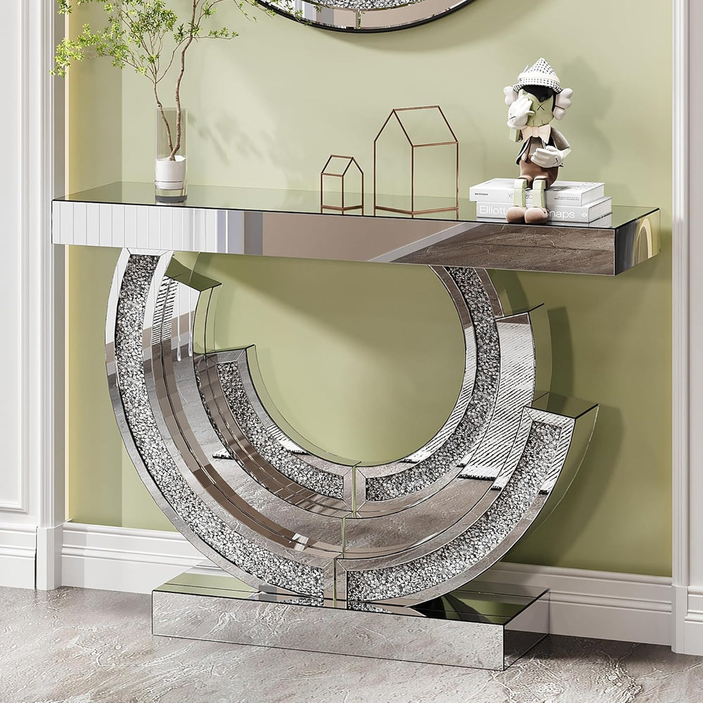 Silver Mirrored Console Table, 43" Modern Entryway Tables with Crushed D...