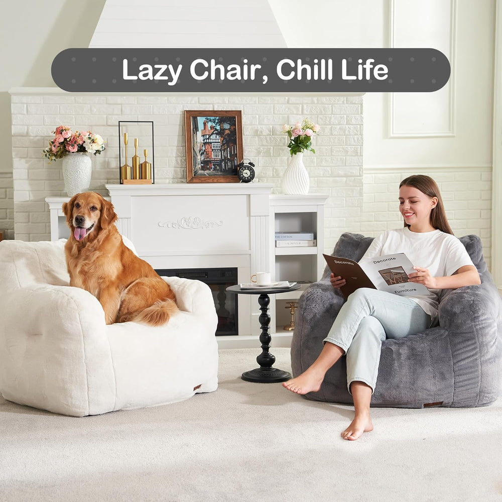 Hobestluk Furry Bean Bag Chair with Arms, Foam Filler for Adult, Grey | Soft ...