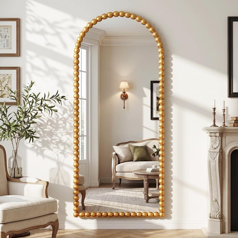 Antok 71" x 28" Arched Full Length Mirror, Antique Beaded Frame Flo...