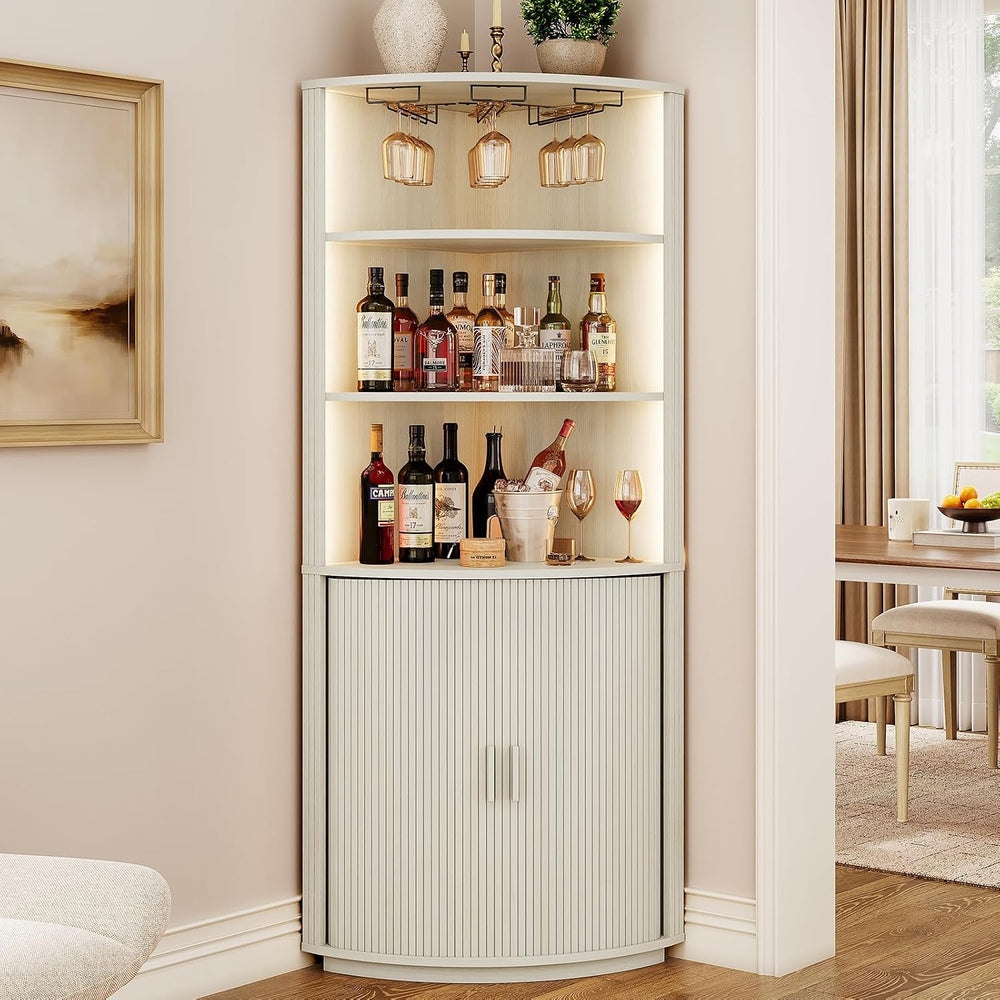 ONBRILL 72" Tall Corner Bar Cabinet with LED Light, Liquor Cabinets, White