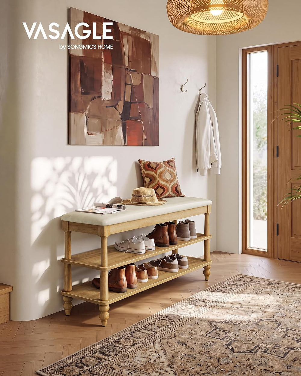 VASAGLE Mariel Collection - Shoe Bench, Wooden Entryway Bench with Padded Sea...