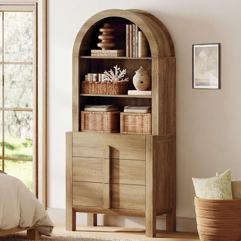 WAMPAT 71" Tall Arched Kitchen Pantry Cabinet with 3 Drawers,5 Tiers Mod...