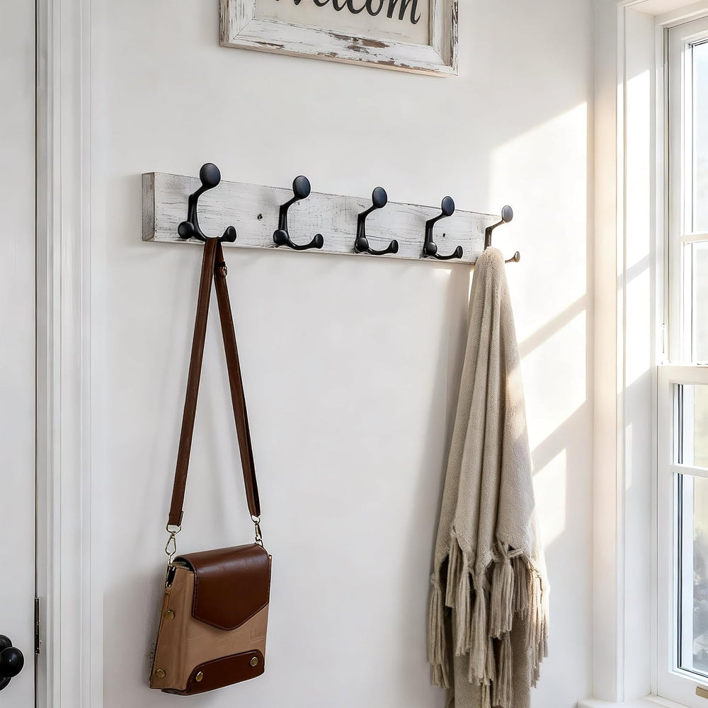 SKOLOO 30-Inch Wood Coat Rack Wall Mount with 5 Triple Hooks - Ideal for Fami...