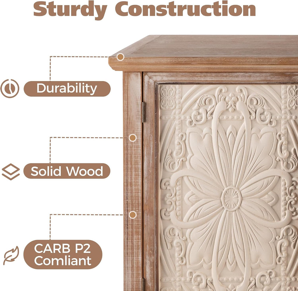 Accent Rustic Storage Cabinet With 3 Carved Doors, Vintage Sideboard Buffet W...