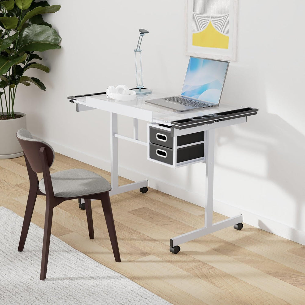 ZenStyle Glass Top Drafting Table with Storage, Adjustable Multifunctional Dr...