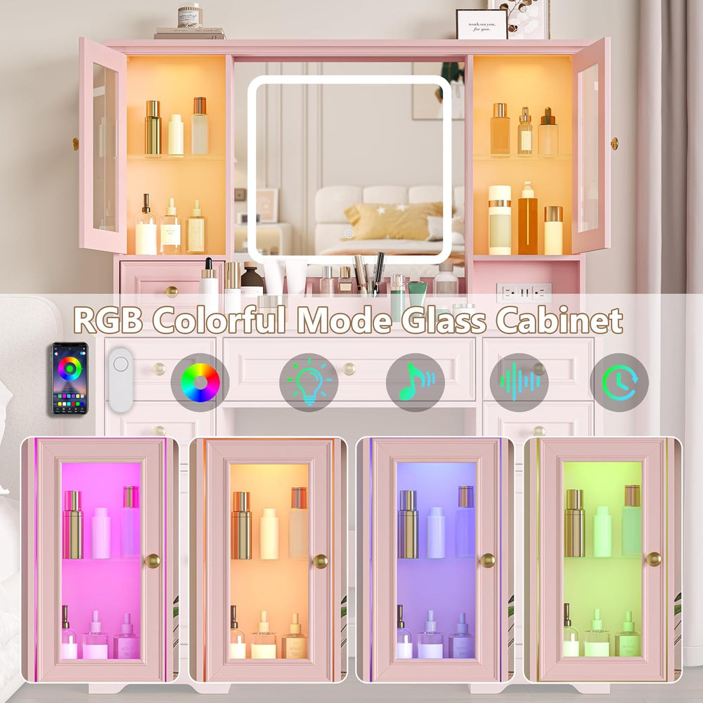 HUANLEGO Farmhouse Makeup Vanity Desk with Mirror and LED Lights, Pink | Vani...