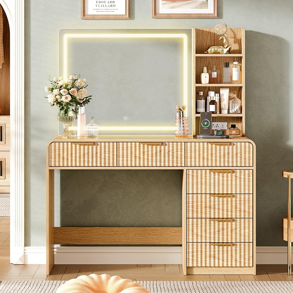 47“Makeup Vanity Desk with Mirror and Lights, Vanity Desk with 7 Drawers &...