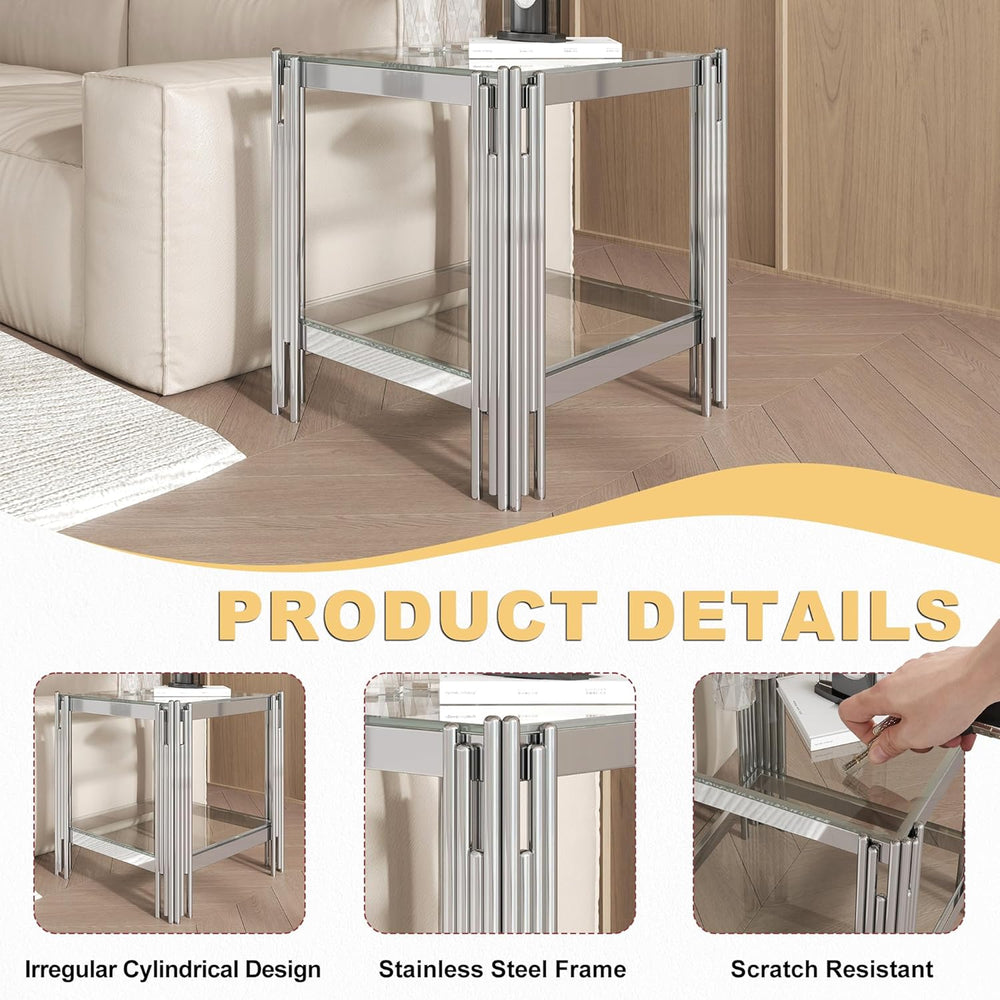 Square Glass End Table with Clear Tempered Glass Top & Silver Stainless S...