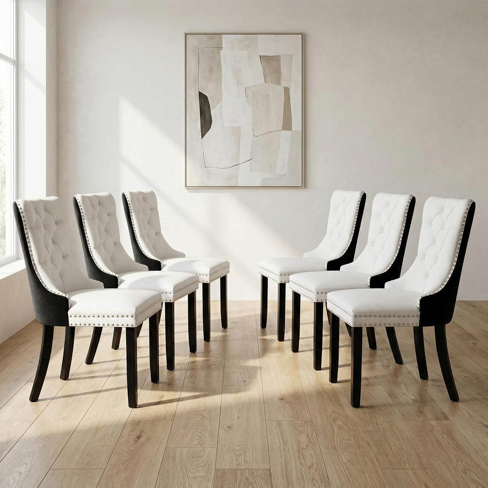 OVENTA Modern Tufted Upholstered Dining Chairs Set of 6, Black White Velvet a...