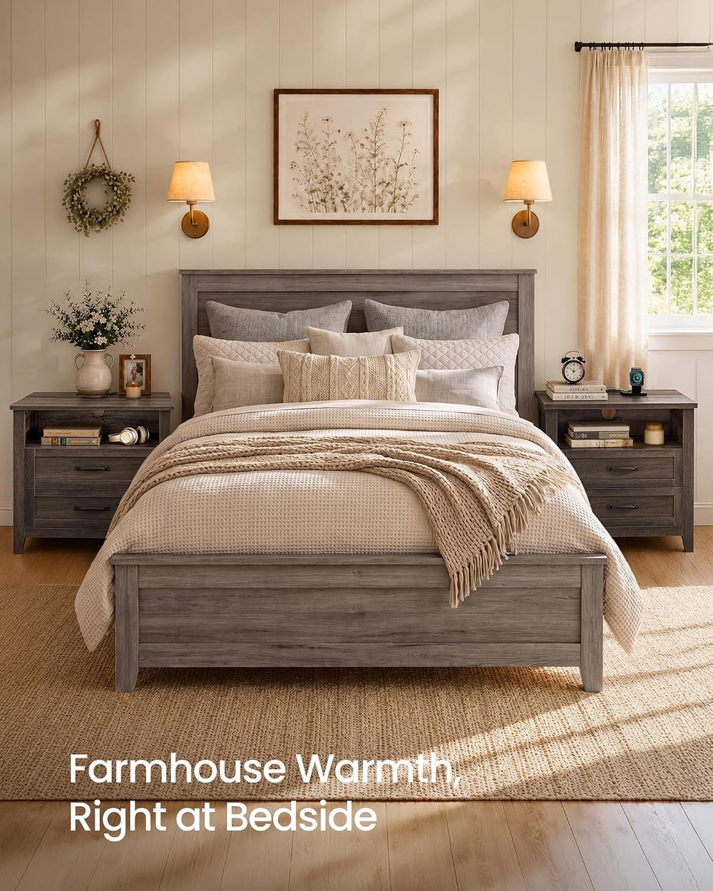 VASAGLE 23.6 inch Farmhouse Nightstands Set 2, Charging Station, 2 Drawers