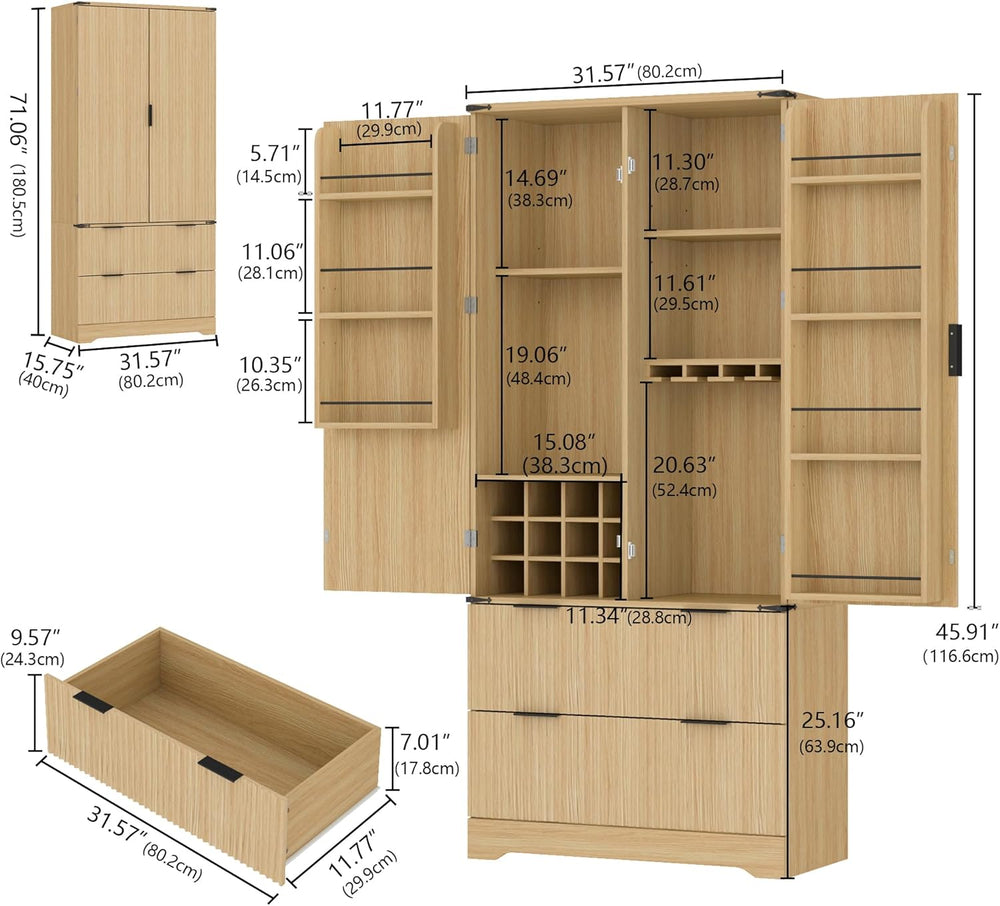 71" Tall Fluted Kitchen Pantry Storage Cabinet with 2 Drawers & 7 Do...