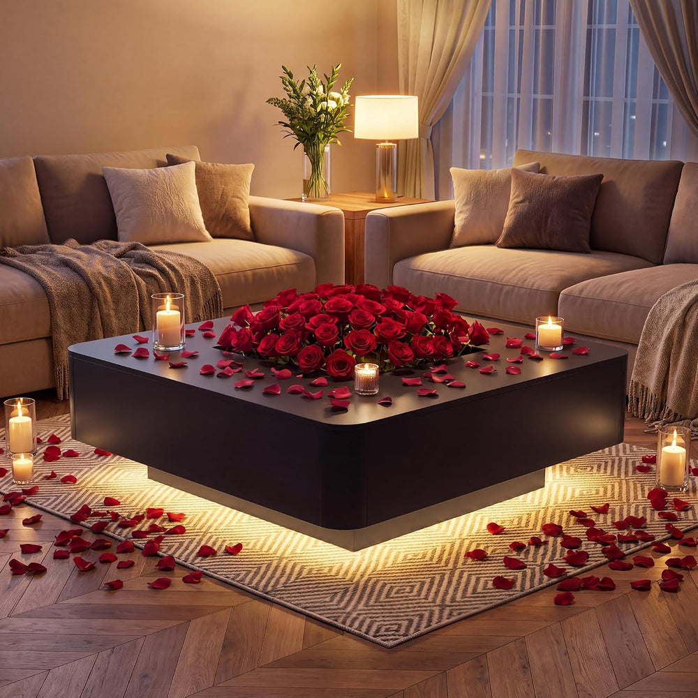 Square Coffee Table, 35.4" Modern Coffee Table with RGB LED Lights (Black)