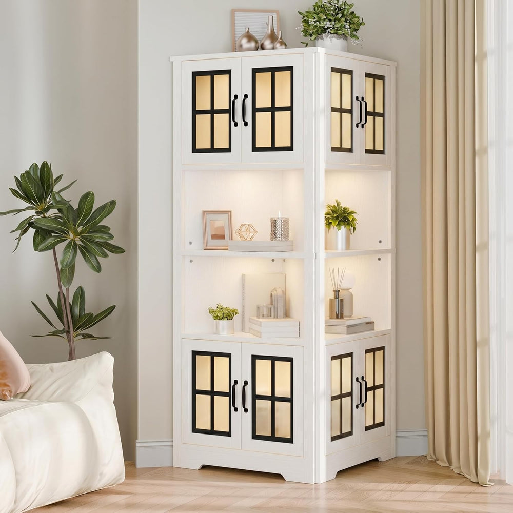 Corner Cabinet with Glass Doors and LED Lights, 67" Tall Corner Pantry C...