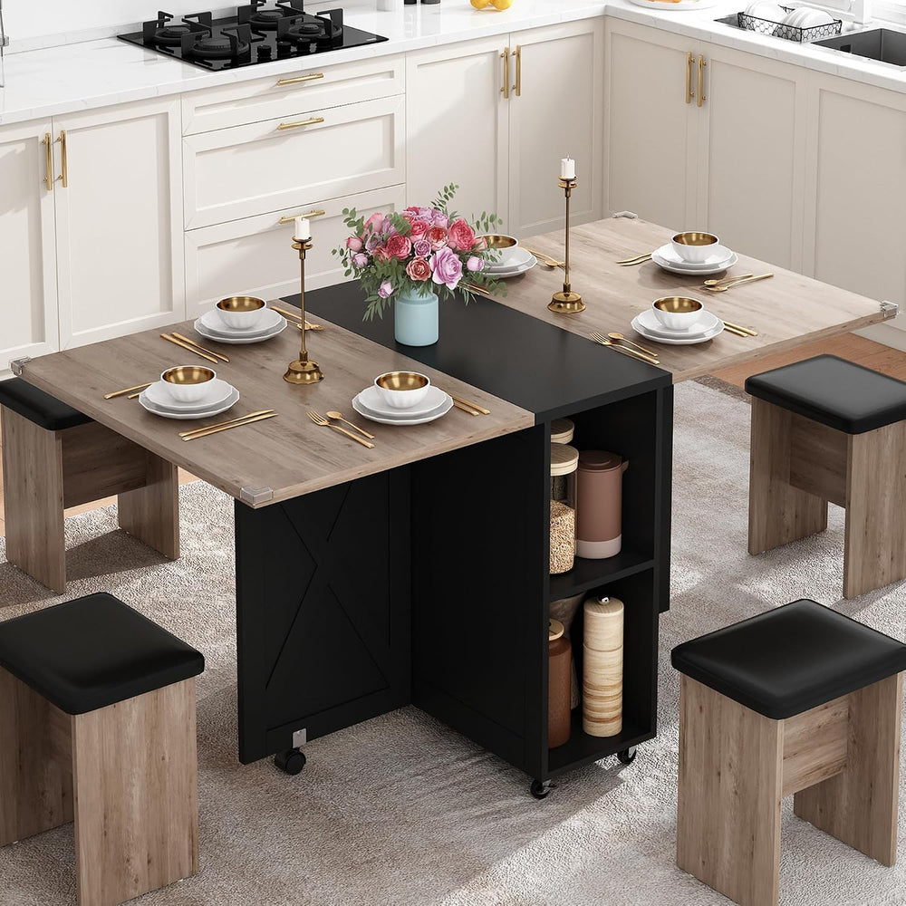 5 PCS Farmhouse Dining Table Set for 4,60" Large Folding Dining Table Se...