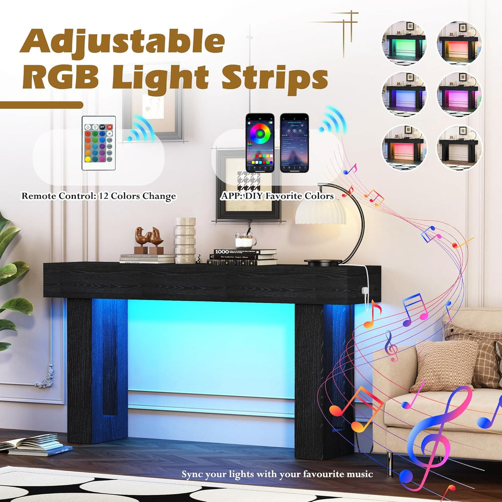Depeht 63" Long Console Table with Power Outlet LED Lights, Wooden Farmh...