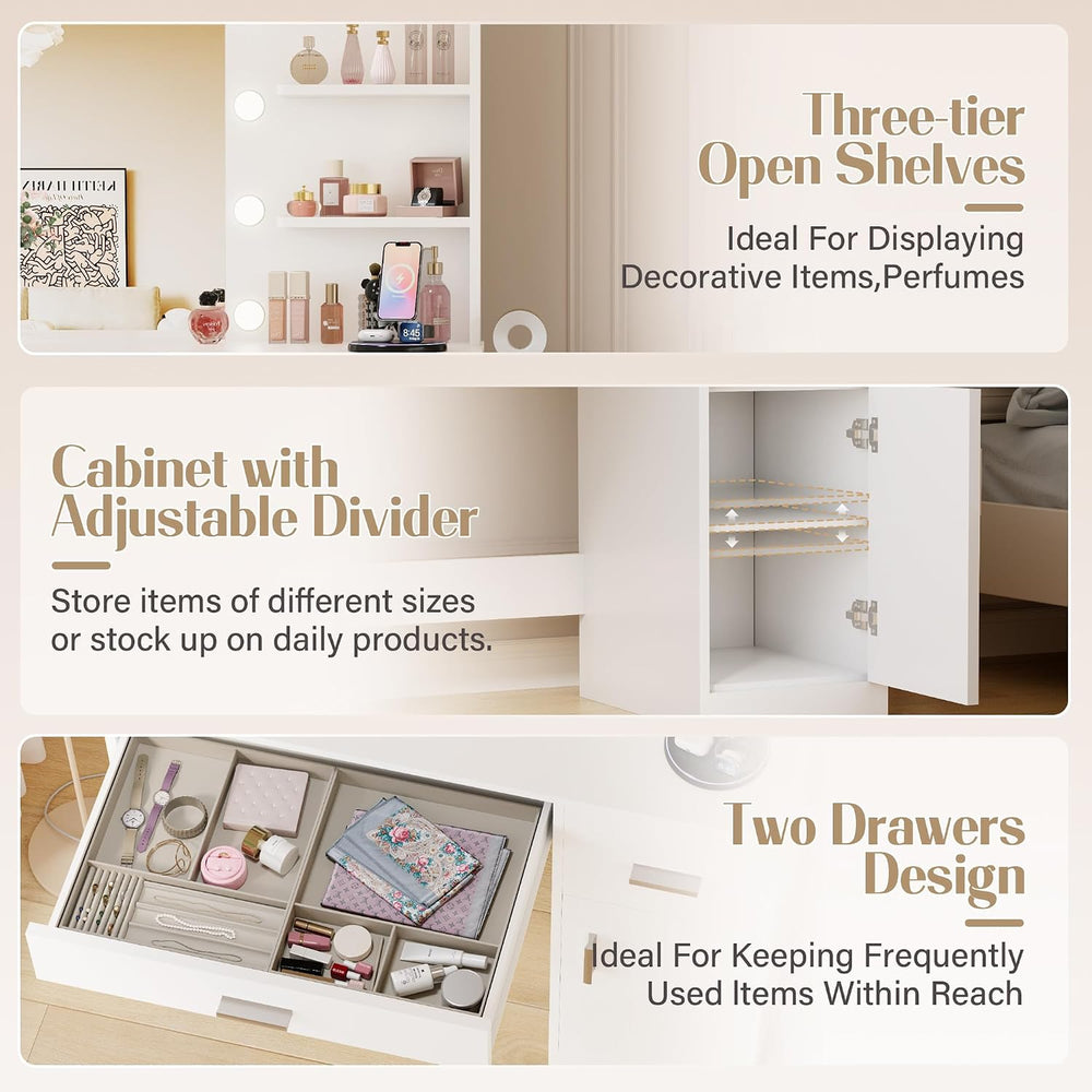 JUMMICO 35.4 Inch Vanity Desk with Mirror & Charging Station, White | LED...