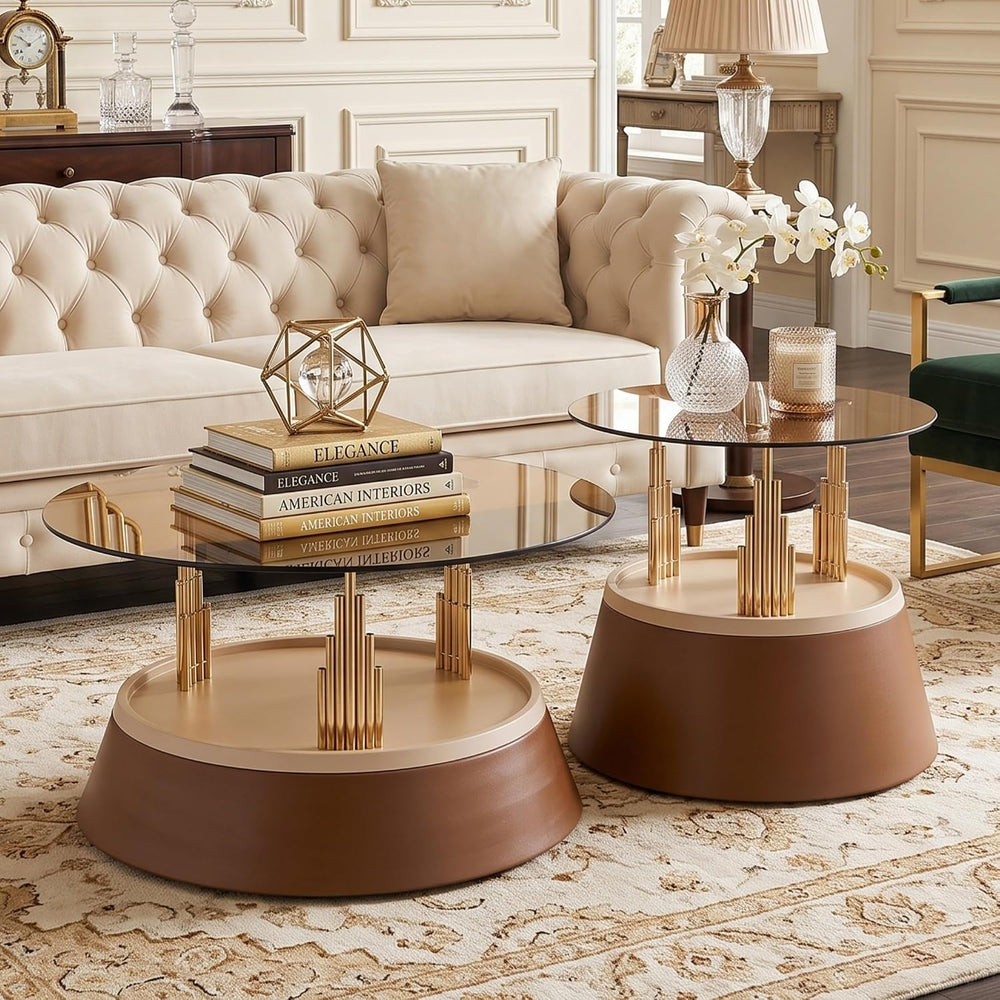 Round Glass Coffee Table Set of 2, Brown, 27.5 Inch | Amber tempered glass to...