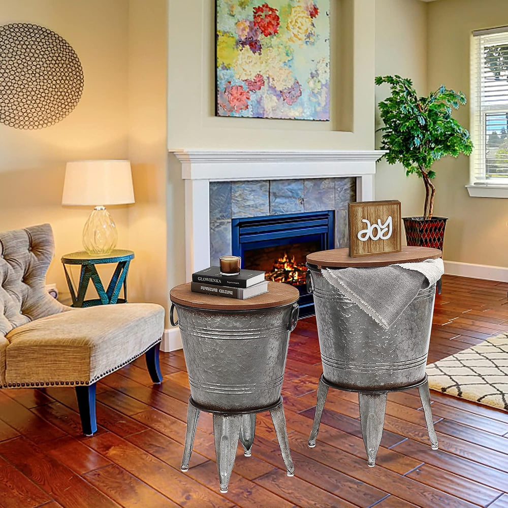 RUSTOWN Farmhouse Side Tables Set of 2, Galvanized Metal Bucket End Table