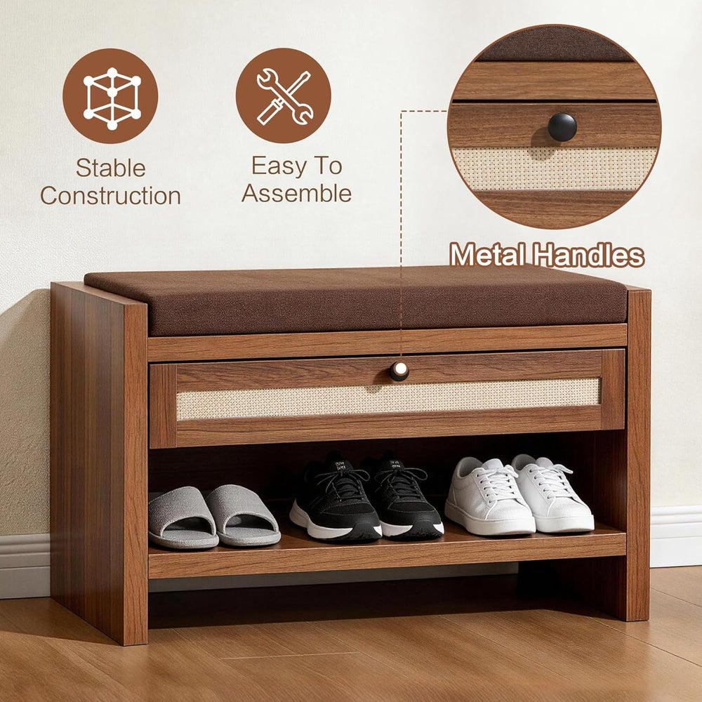 VipDesk Rattan Shoe Bench with Storage Drawer and Cushion Seat, Walnut Wood E...