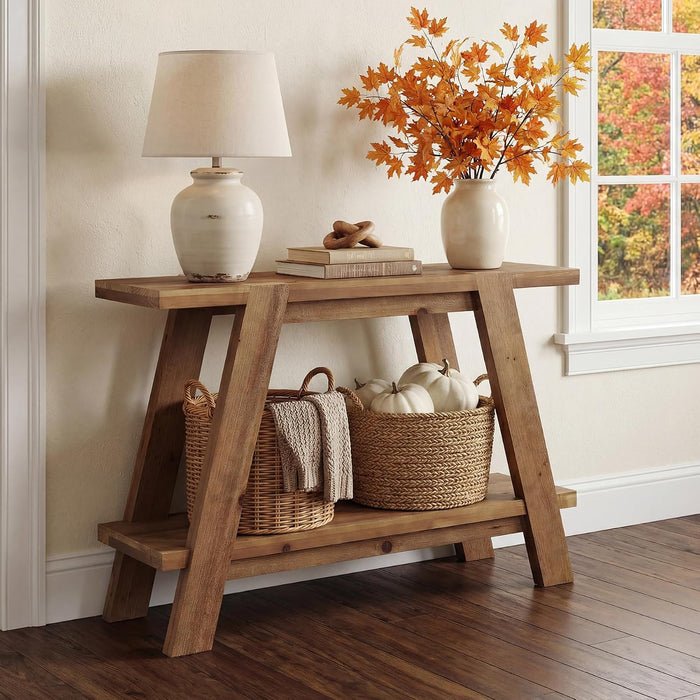 43.3" Solid Wood Entryway Table, 2-Tier Farmhouse Console Table with Storage, Narrow Sofa Table Behind Couch for Living Room, Hallway, Foyer, Brown