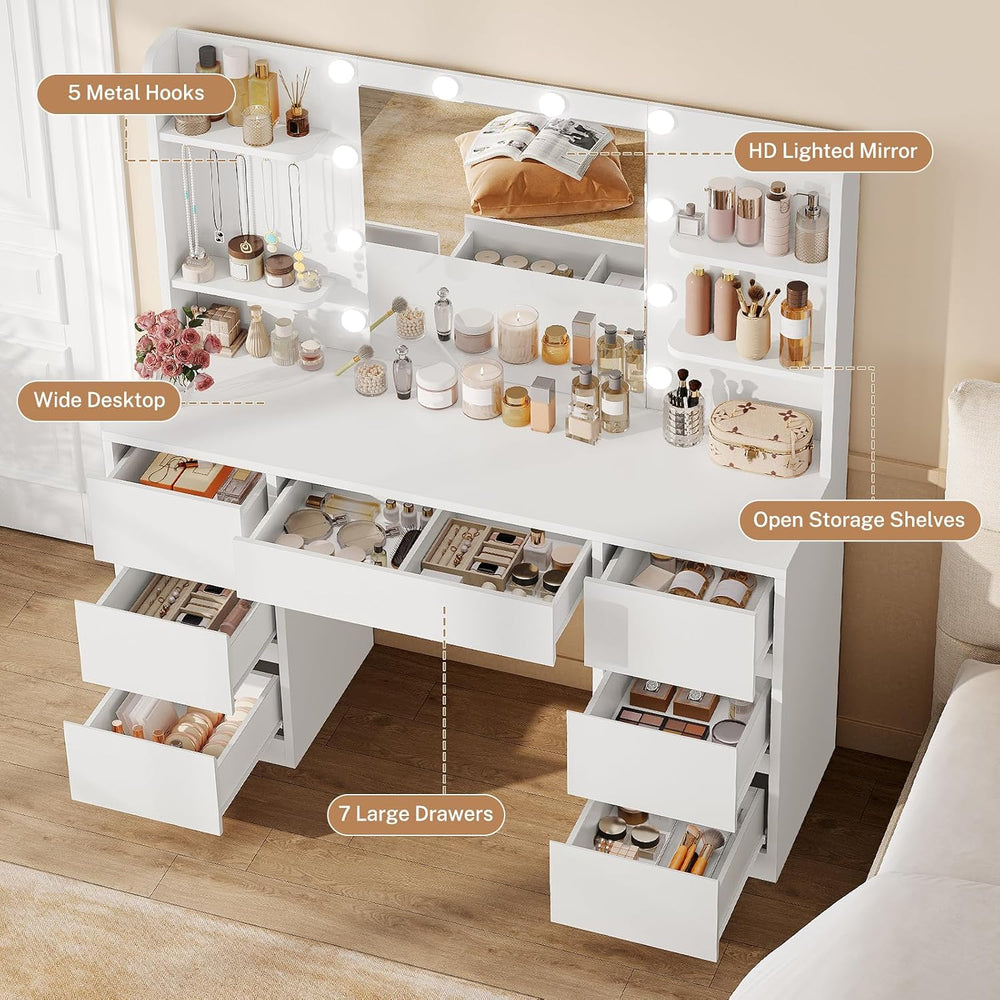 FIONESO Vanity Desk with Mirror and Lights, White | Makeup Vanity with 3 Colo...