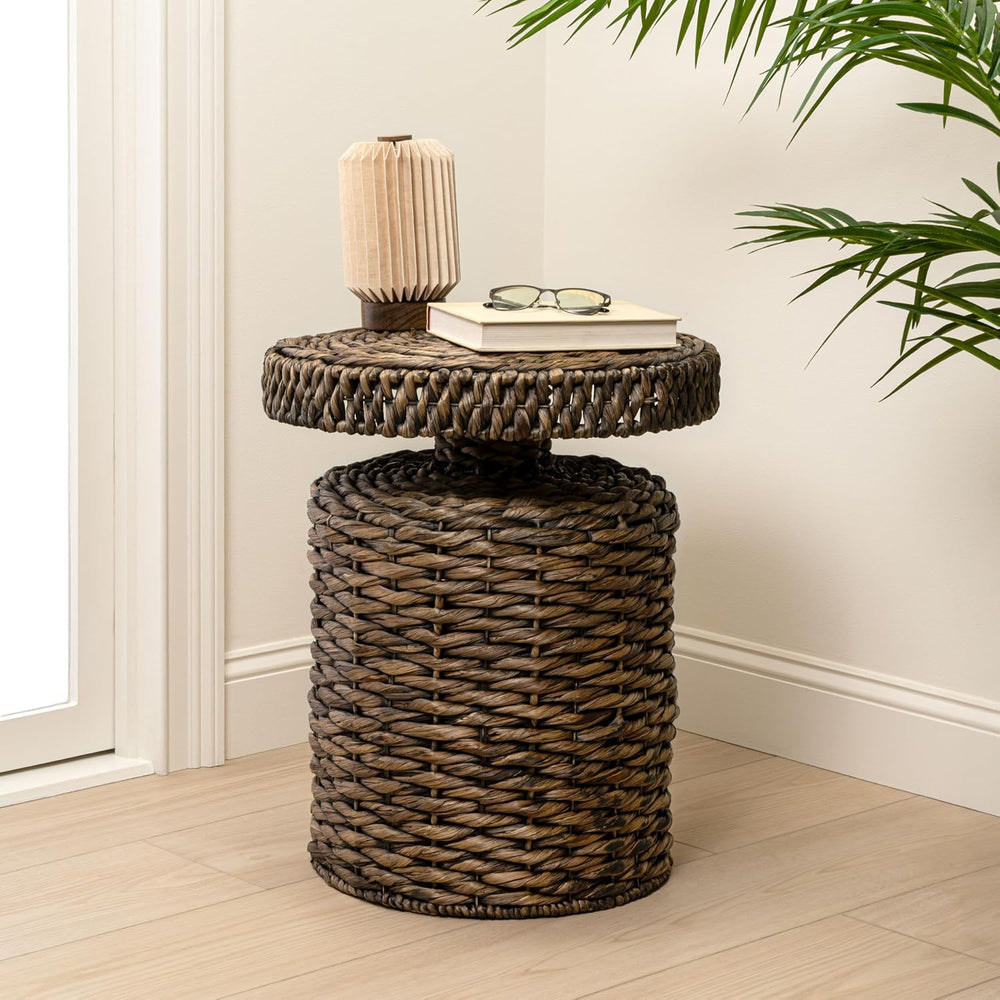 JONATHAN Y Marisol Round Brown Woven Water Hyacinth Side Table with Iron Fram...