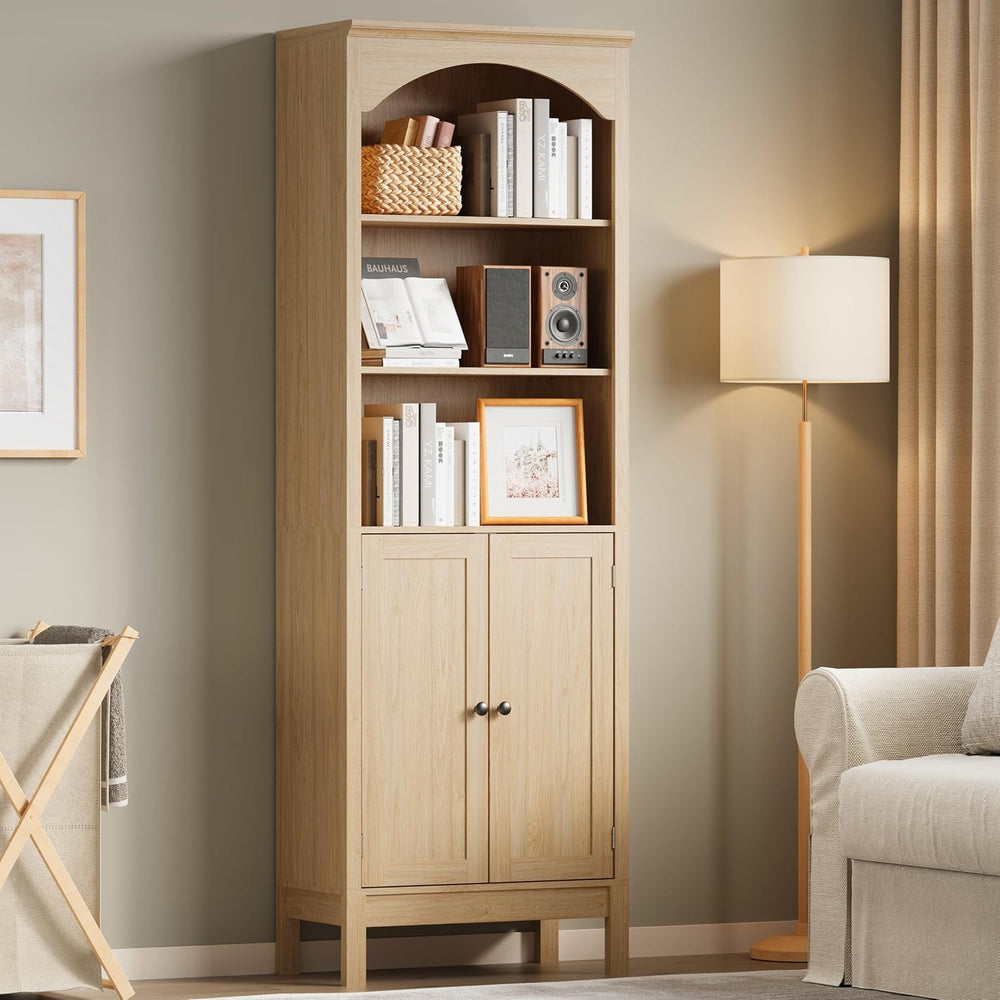 Arched Bookshelf,3 Tier Tall Bookcase with Adjustable Shelves and Cabinet