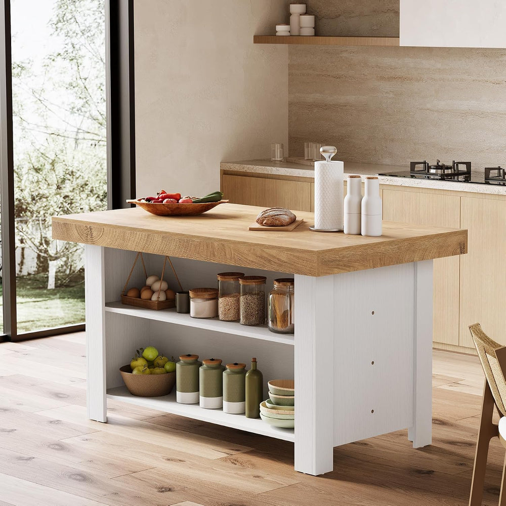 LITTLE TREE 55 Inches Kitchen Island with Storage, 3-Tier Farmhouse Stationar...