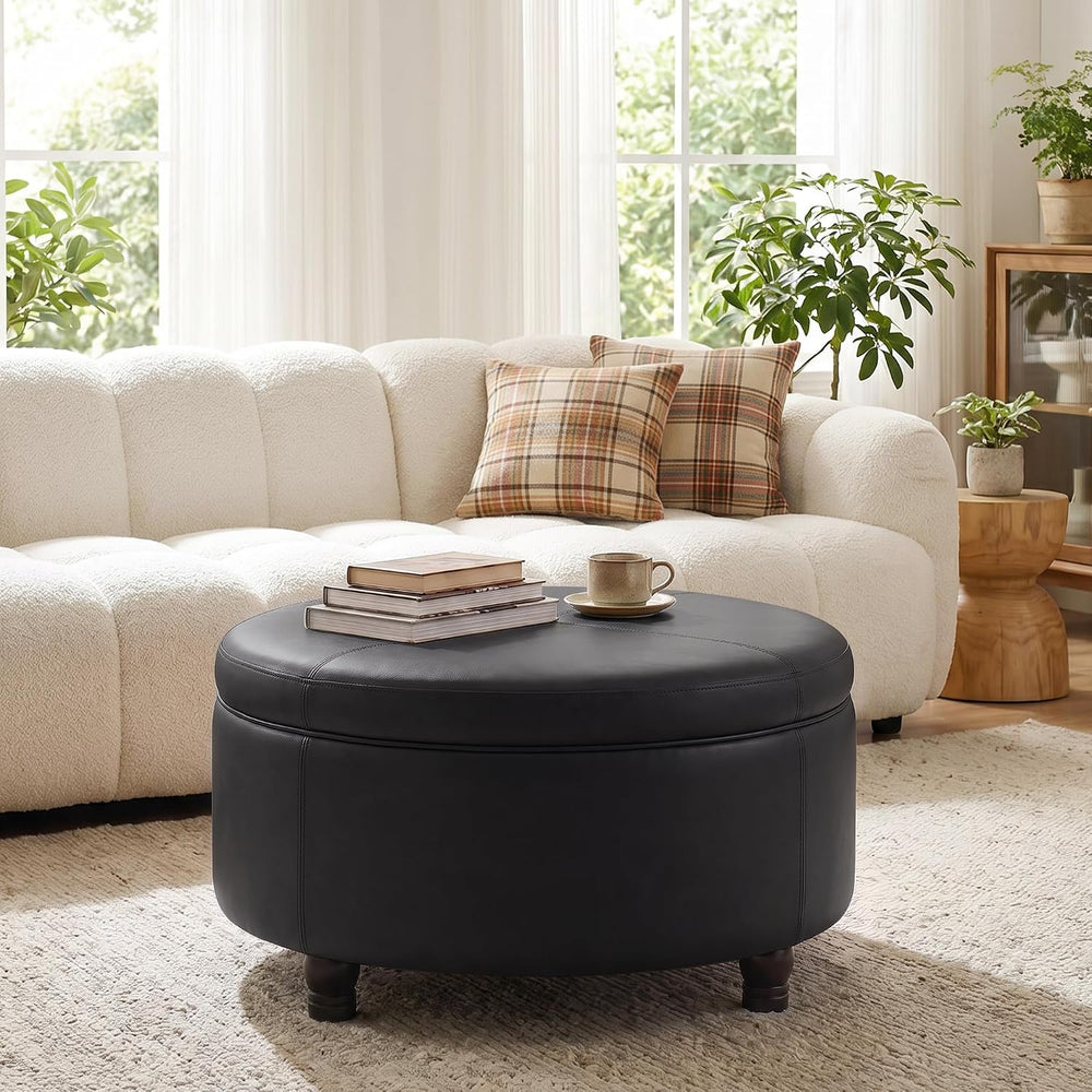 30-Inch Round Ottoman, Leather Ottoman with Storage (Black)