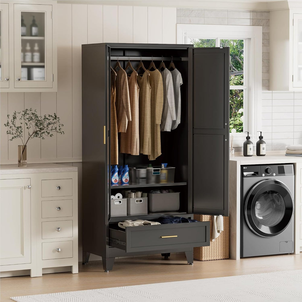 Black Metal Wardrobe Closet, Steel Armoire Wardrobe with Drawer Clothes Cabin...
