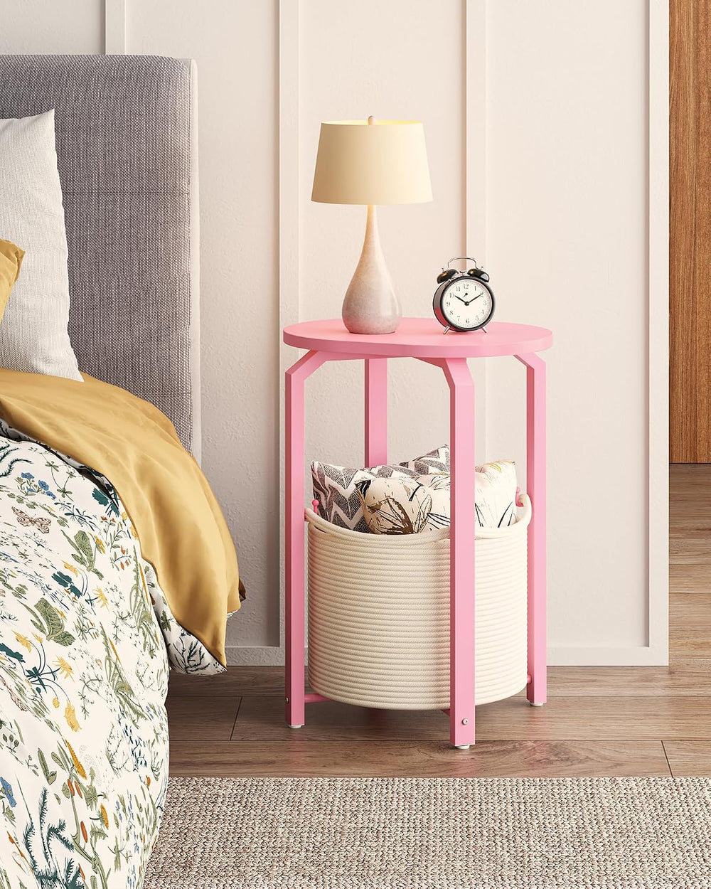 TUTOTAK Oval End Table with Woven Storage Basket, Pink Small Side Table for L...