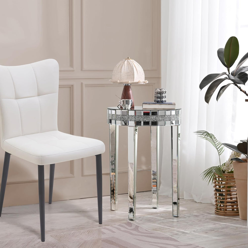 19.7" Mirror Side Table Round End Table with Crushed Diamond and Glass T...