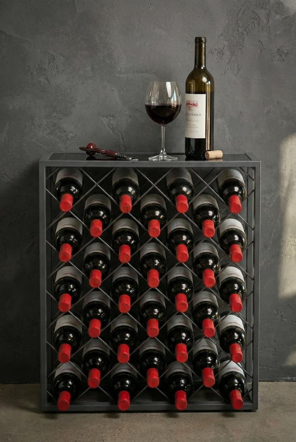 Mango Steam 32 Bottle Gray Wine Rack with Gray Glass Top Shelf, Free Standing...