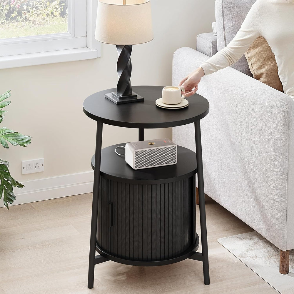 ONBRILL Round Side Table with Storage, Fluted Nightstand with Charging Statio...