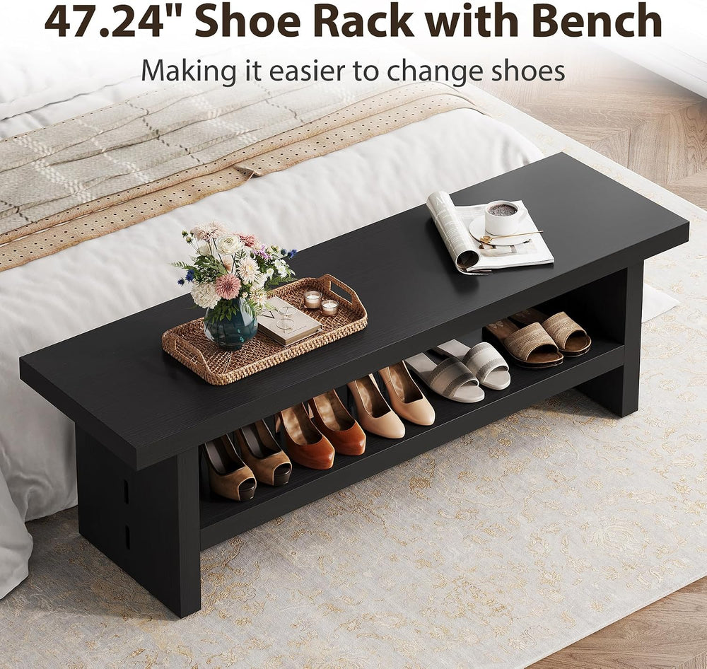 2 Tier Entryway Bench, 47.24" Shoe Bench, Rustic Shoe Rack, Wooden Stora...