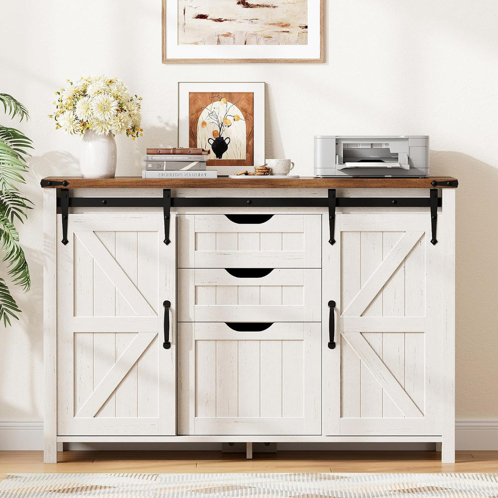 Halitaa 43.31” Farmhouse File Cabinet with Sliding Barn Door, Off White