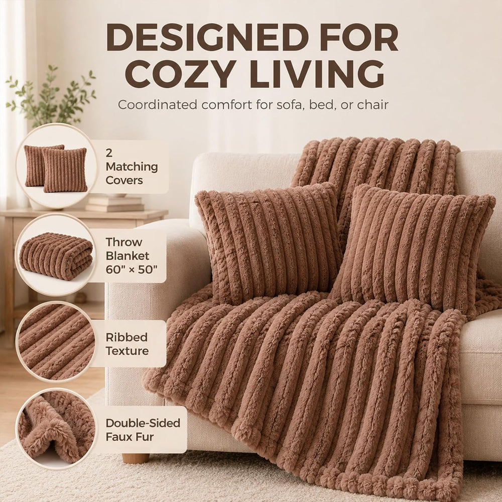 Blanket & Throw Pillow Covers Set - Dual-Sided Faux Fur Fluffy Blanket (5...