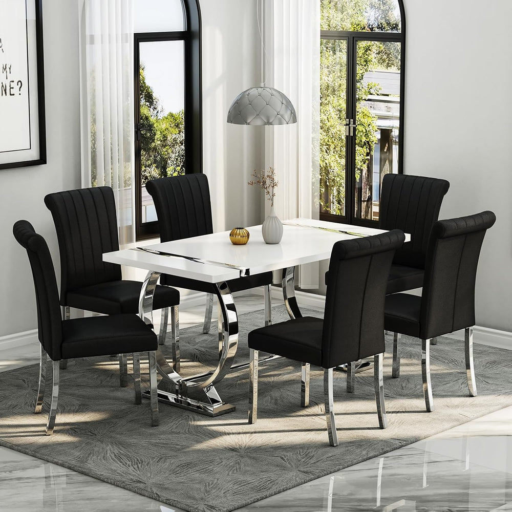 Asday Black and Silver Dining Chairs Set of 2, Modern Faux Leather Upholstere...