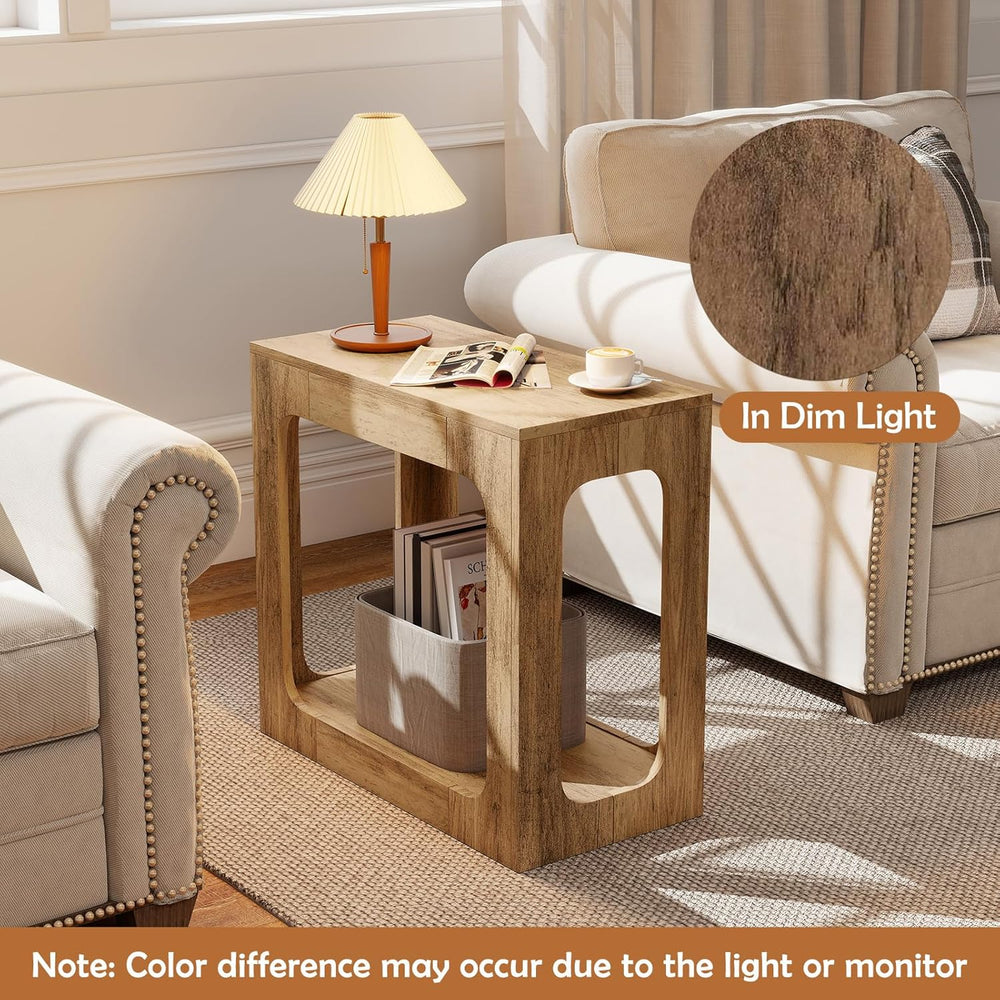 GOFLAME Narrow End Table, Farmhouse Wood Sofa Side Table 2-Tier with Storage ...