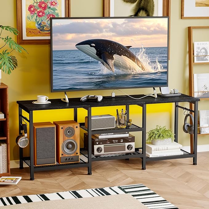 YGEOMER Black TV Stand Entertainment Center for 55 Inch TVs, with Charging St...