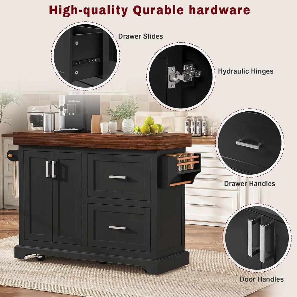 53" Large Kitchen Island with 3.5" Thick Desktop, Spice and Towel R...