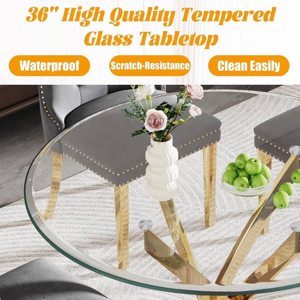 Glass Dining Table Set for 4, 5-Piece Round Tempered Glass Kitchen Table Set ...
