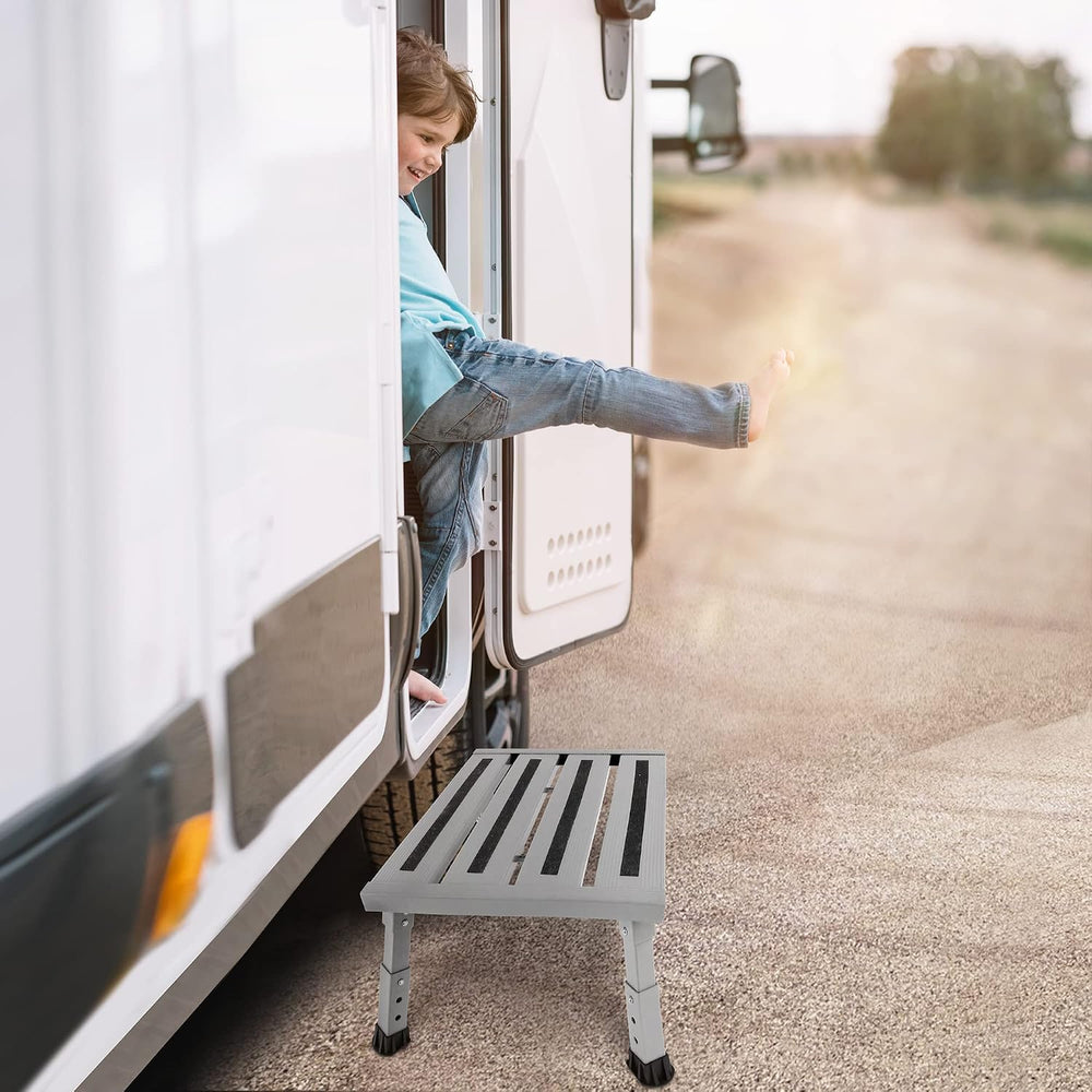 Adjustable RV Step Stool, Wide Platform, Foldable Legs, Silver