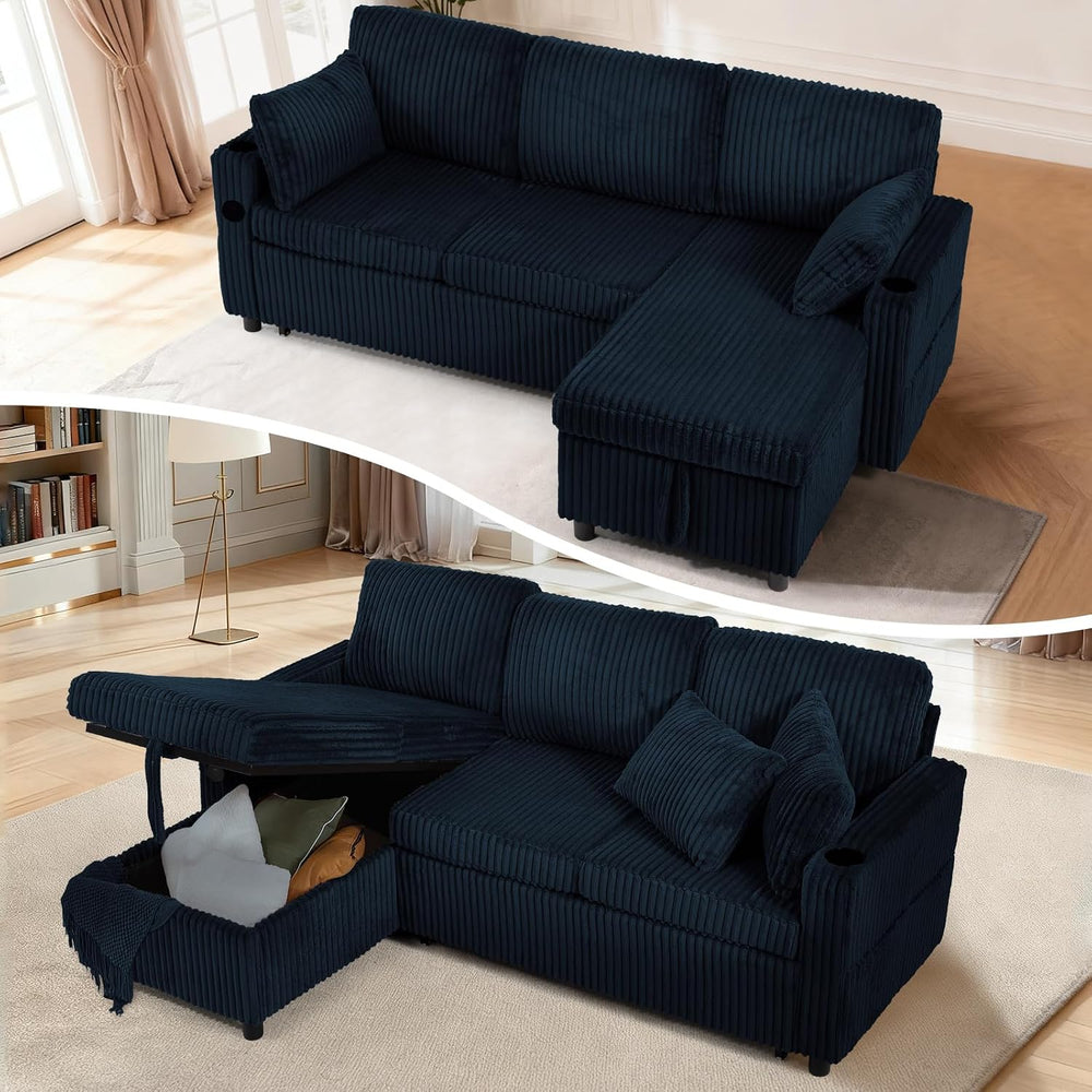 84" Corduroy Pull Out Sofa Bed w/Adjustable Backrests, Blue
