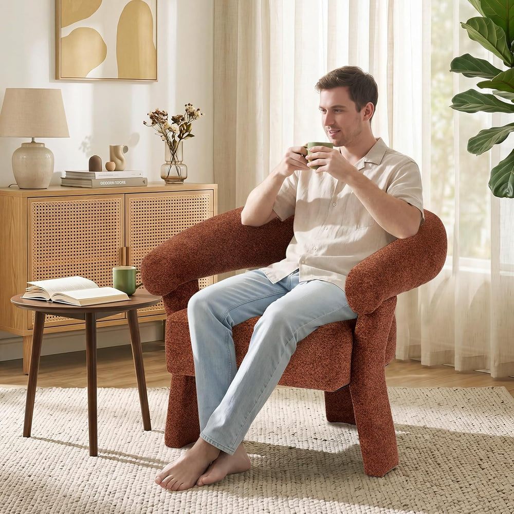 ANJ Modern Chenille Accent Chair, Barrel Armchair with Solid Wood Legs & ...